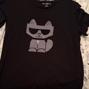 Karl Lagerfeld Black Cat Tee with Rhinestone Design